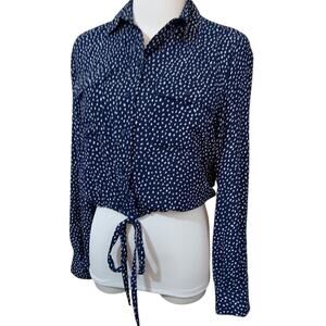 EXPRESS Cute Tie Top Blouse XS Front Pockets Blousy Fit‎ Navy Blue Career Casual